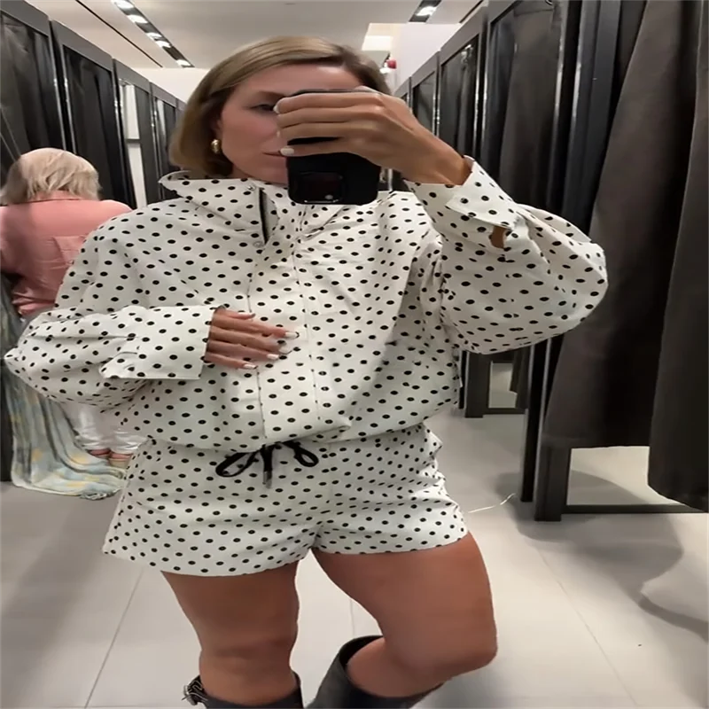 Loose Polka Dot Zipper Women's Shorts Set Stand Collar Patchwork Full Sleeve Pockets Jacket Tie Up Short Pant Suit Summer Outfit