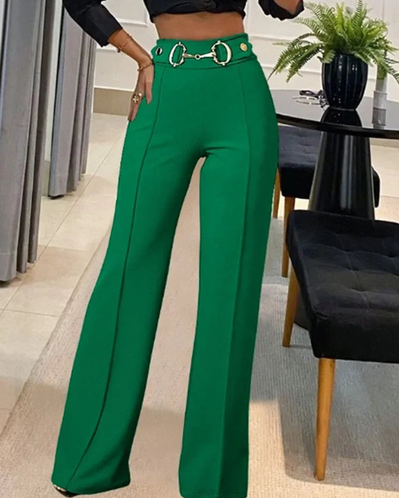 Fashionable High-Waisted Metal Buckle Decorated Solid Color Women's Straight-Leg Trousers New Style Independent Station Clothing