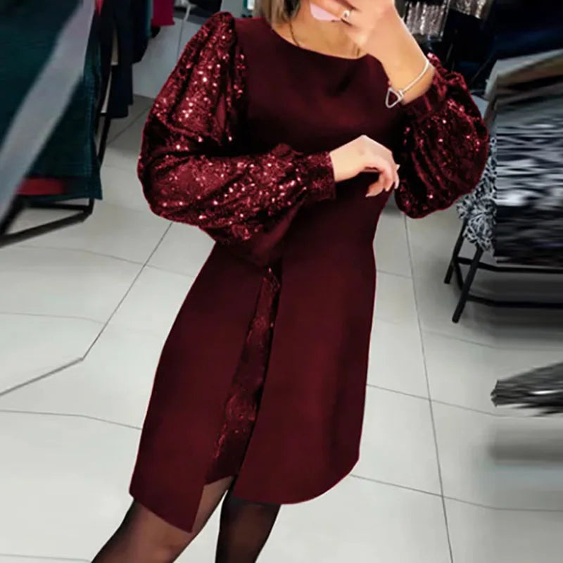 Sequin Patchwork Long Sleeve Mini Evening Dress for Women