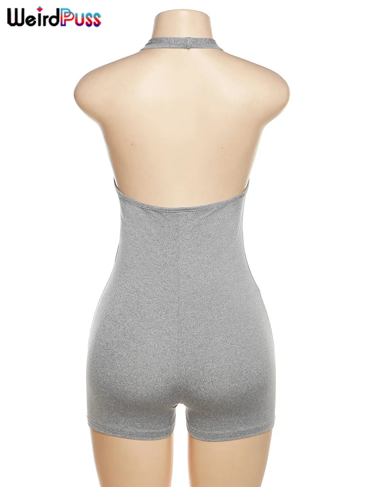 Weird Puss Halter Playsuits Women Fitness Sporty Backless Skinny Sleeveless V-Neck Casual Summer Solid Basic Streetwear Romper