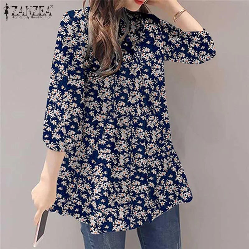 ZANZEA 2024 Summer Shirt Women Floral Prined Bohemian Stand Collar 3/4 Sleeve Casual Vintage Elegant Blusas Loose Tunic Tops