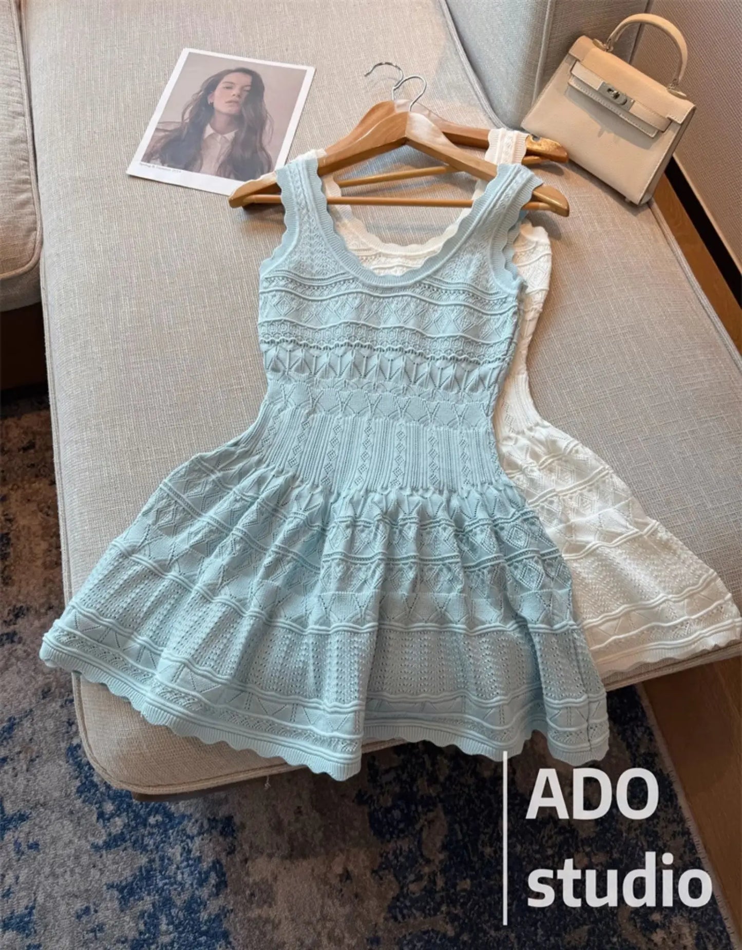 White Sweet A-line Ruffle Edge Knitted Vest Dress Women's Summer French Fashion Slim Temperament Sexy Girl Hollow Short Dress