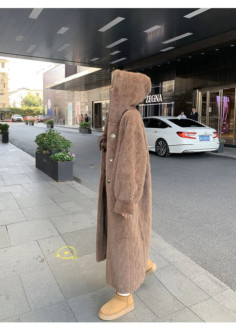  2025 Winter New Thick Women's Long Imitation Mink Plush Cardigan With Integrated Fur Eco-Friendly Hooded Fur Coat Solid Color