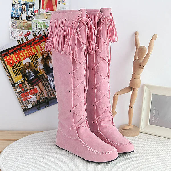 Vintage Inspired Fringe Lace Up Knee High Boots for Women