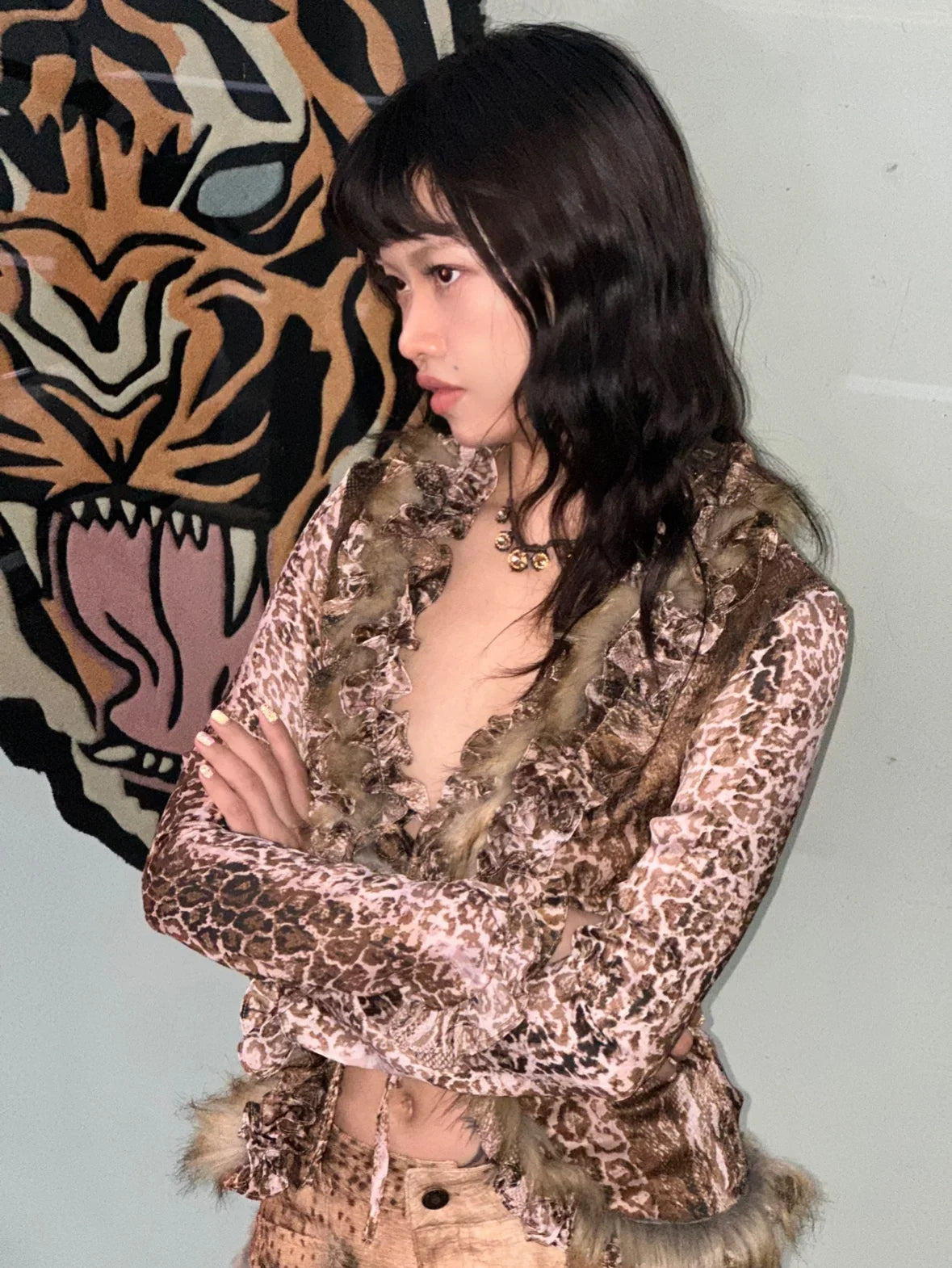 Karrram Japanese Y2k Leopard Print Shirt Vintage Harajuku Fur Shirt Grunge Aesthetics V-neck Irregular Blouses American Retro