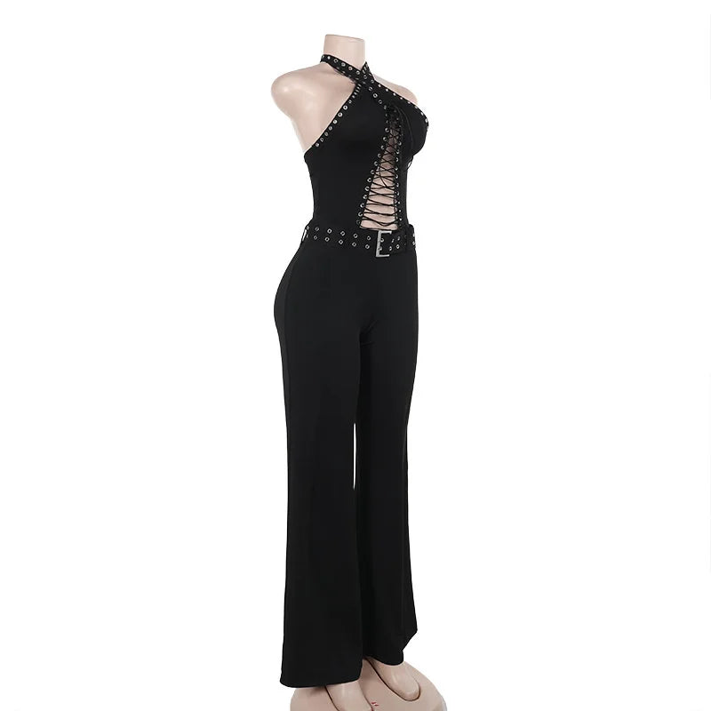 Sexy Halter Backless Black Jumpsuit Woman Elegant Sleeveless Lace-up Hollow Out Bandage One Pieces Romper Night Club Outfit