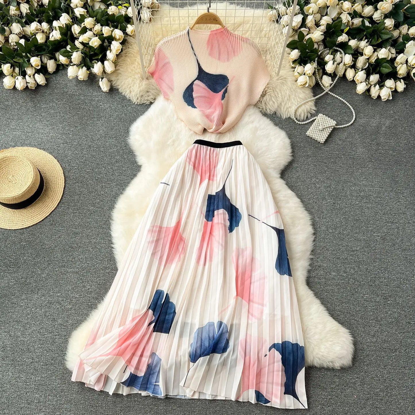 Summer Contrast Color Miyake 2 Pieces Set Women's Short Sleeve High Stretch Pullover Shirt Top+Long Pleated Chiffon Skirt Suit