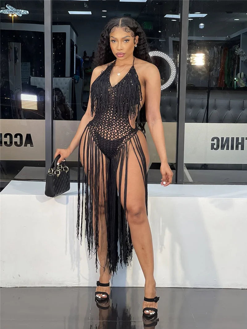 Sexy Crochet Knitted Beach Summer Dress Women Halter V-neck Tassel Backless Maxi Dress Vacation Sheer Long Dresses Swimsuit 2022