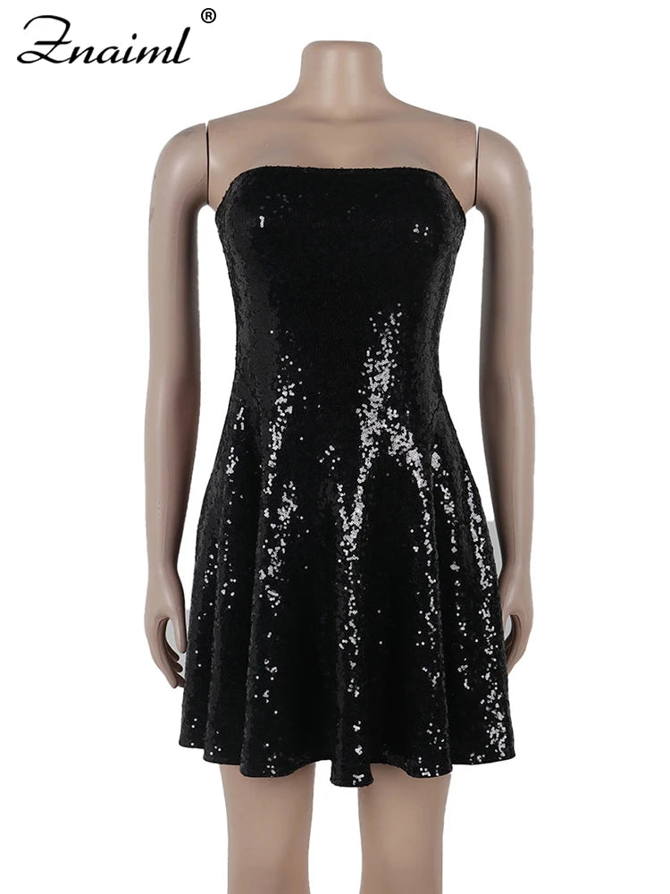 Znaiml Sexy Glitter Black Wedding Short Dress Shiny Sequin Strapless Prom Gown A Line Sweet Night Women Luxury Birthday Dresses