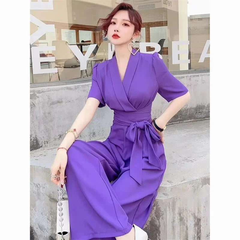 Jumpsuits Summer New High end Jumpsuit Women's Elegant Solid Color High Waist Slim Lace up Wide Leg Dropping Bodysuit Women Sets