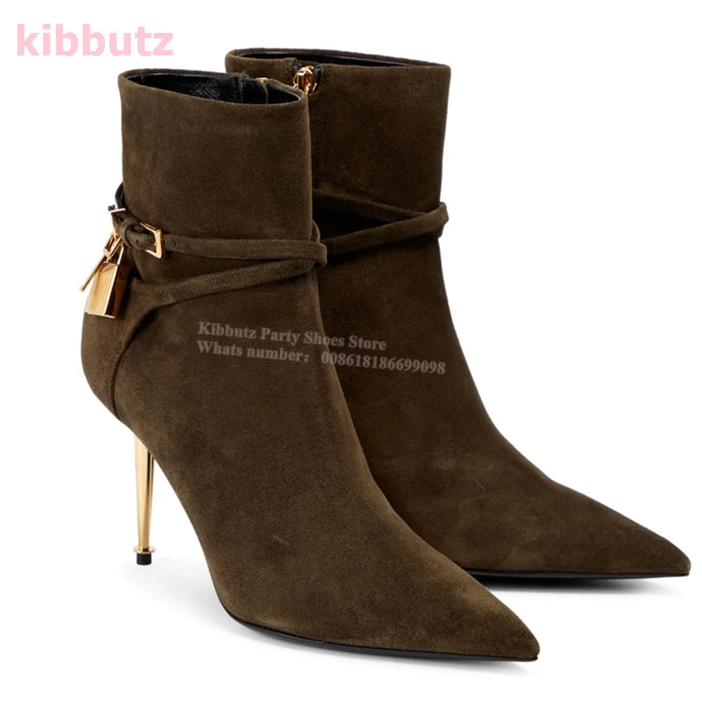 Metal Padlock Key Ankle Boots Genuine Leather Solid Color Pointed Toe Thin Heel Suede Side Zipper Fashion Runway Show Elegant