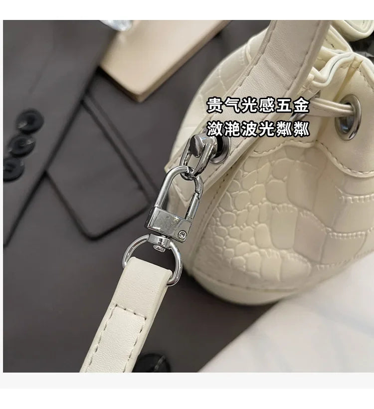 2025 New Trendy Women's Drawstring Tote Bag - Vintage Stone Texture Crossbody Satchel with Retro Minimalist Design
