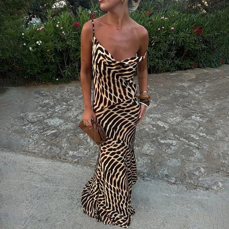 Vintage Leopard Print Slim Straps Long Dress Lady Casual Holiday Beach Bohemian Dress Spring Summer V Neck Sleeveless Maxi Dress