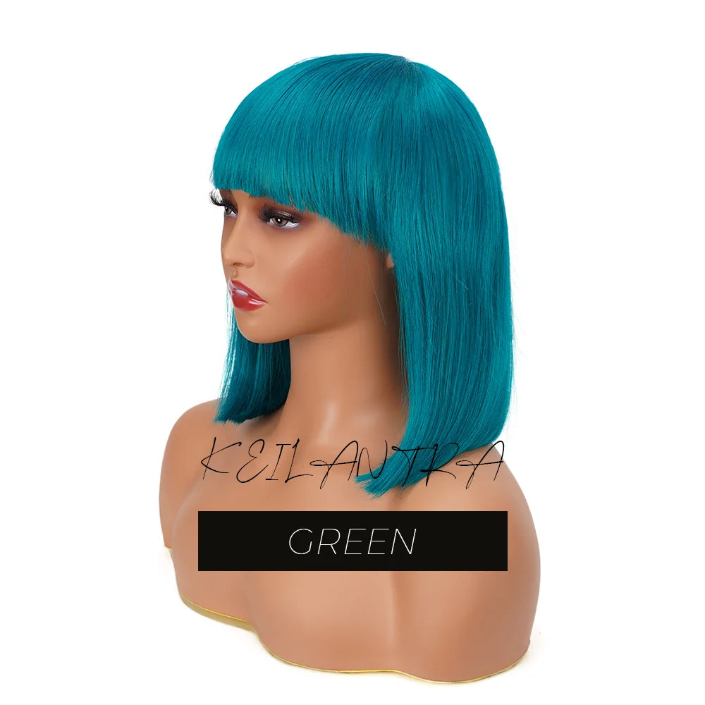 Straight Human Hair Bob Wigs with Bangs Remy Full Machine Made for Women Hightlight Burgundy Brown Colored BOB Wig