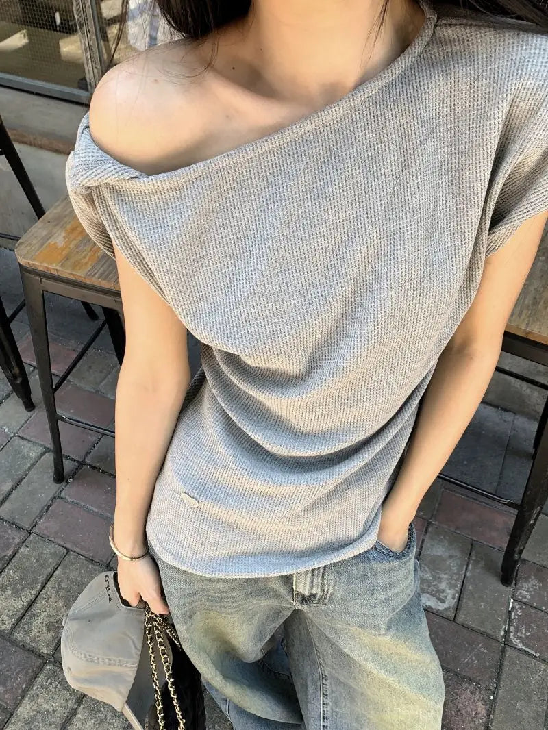 Waffle Off shoulder Short sleeve T shirt Women Elegant Youth Summer Top Korean Chic Holiday Lady Casual Tee 2025