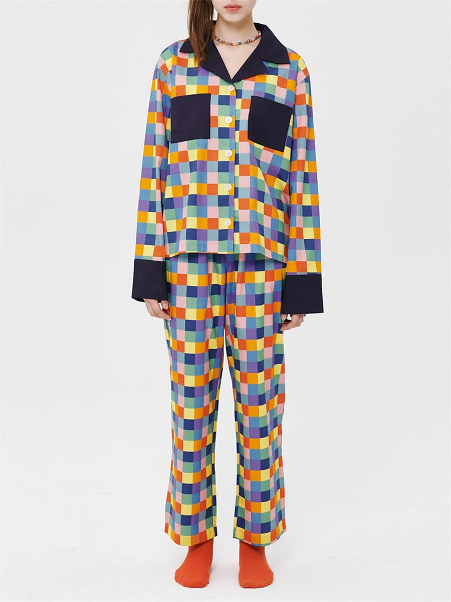 Women 2 Piece Pajamas Set Colorful Plaid Print Long Sleeve Button up Shirt and Elastic Pants for Loungewear Soft Sleepwear Pjs