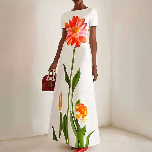 Gymystars Summer Evening Dresses Elegant Party Dresses 2025 Fashion Boat Neck Flower Print Luxurious Holiday Dress Trend Clothes