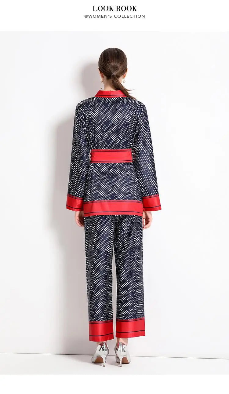 Women Contrast Dot Print V-Neck Loose Lace Up Top+Elastic Waist Wide Leg Pant Suit Autumn Fashion Kimono Cardigan Two Piece Set