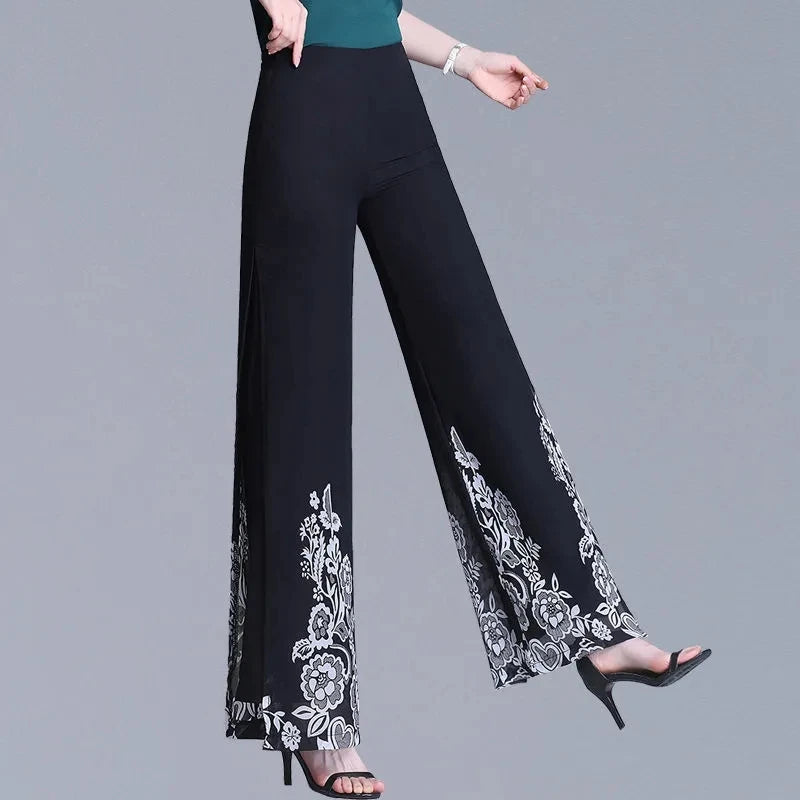 Double Layer Printed Chiffon Wide Leg Pants For Women's Summer New High Waisted Loose Dance Swing Pants Drooping Skirt Pants LA