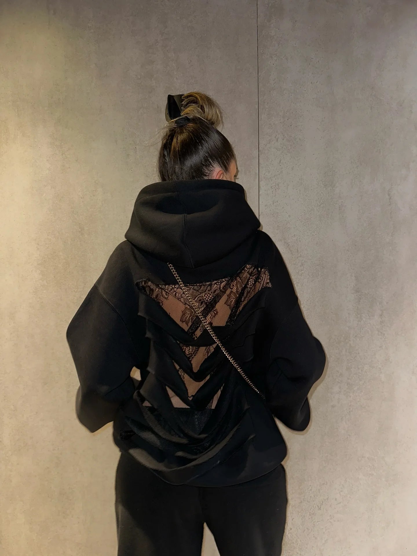 American Y2K Harajuku Gothic Lace Back Hollow Hoodie Womens Black Loose Pullover Hoodie Fashion Translucent Jacket