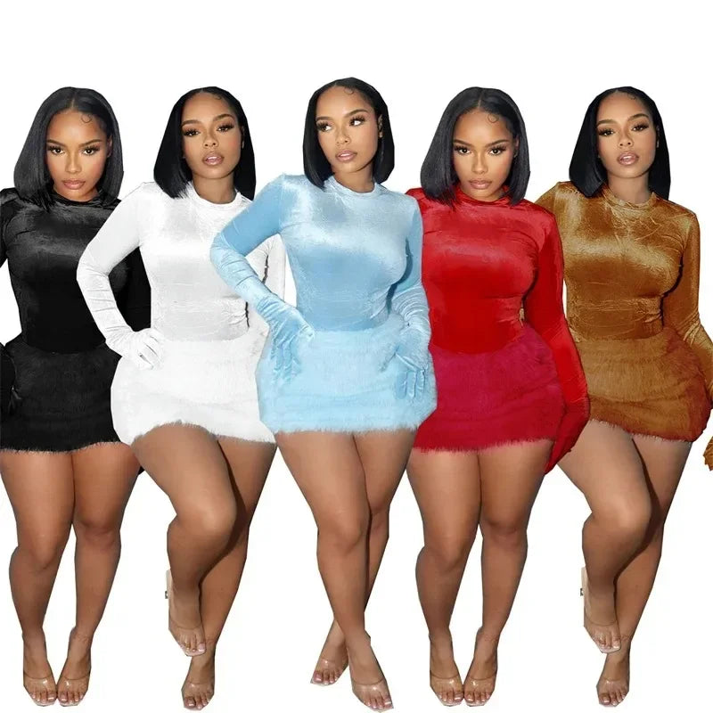 Velvet Long Sleeve Solid Gloves Sexy Bodysuit Furry Skirt 2 Piece Sets Fall Winter Women Elegant Outfit Party Birthday