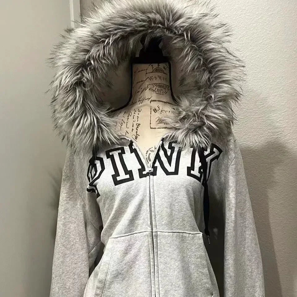 Annual New Y2K Letter Printed Plush Collar Hooded Zipper Jacket Women's Casual Thickened Solid Color Street Fashion Cardigan Top