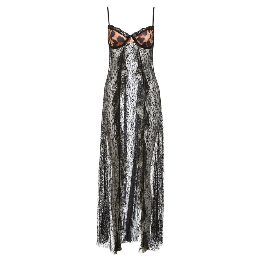 Weird Puss Backless Sexy Women Camisole Leopard Mesh Patchwork Ruffles Sexy Club Party Midnight Hot Girls Wild Coquette Maxi Top