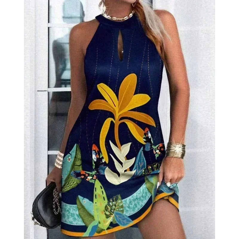 Women's Summer Casual Dress Sleeveless Hanging Neck Fashion Printed Dress Commuter Holiday Party Women's Dress