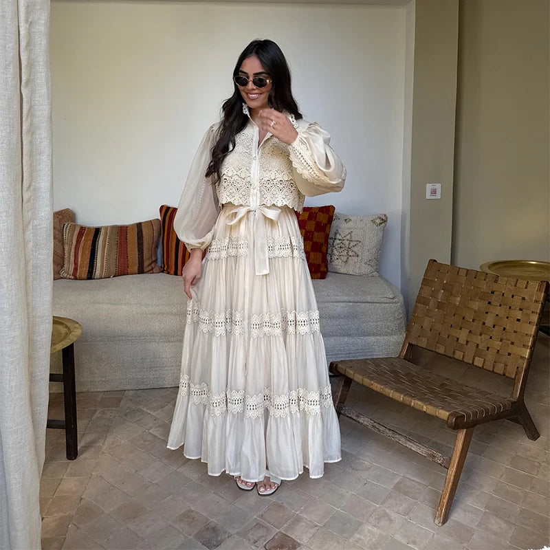 Embroidered maxi Dress Women Lapel Hollow Fashionable Short Sleeve Belt High Waist long Dresses Female Summer Chic robe