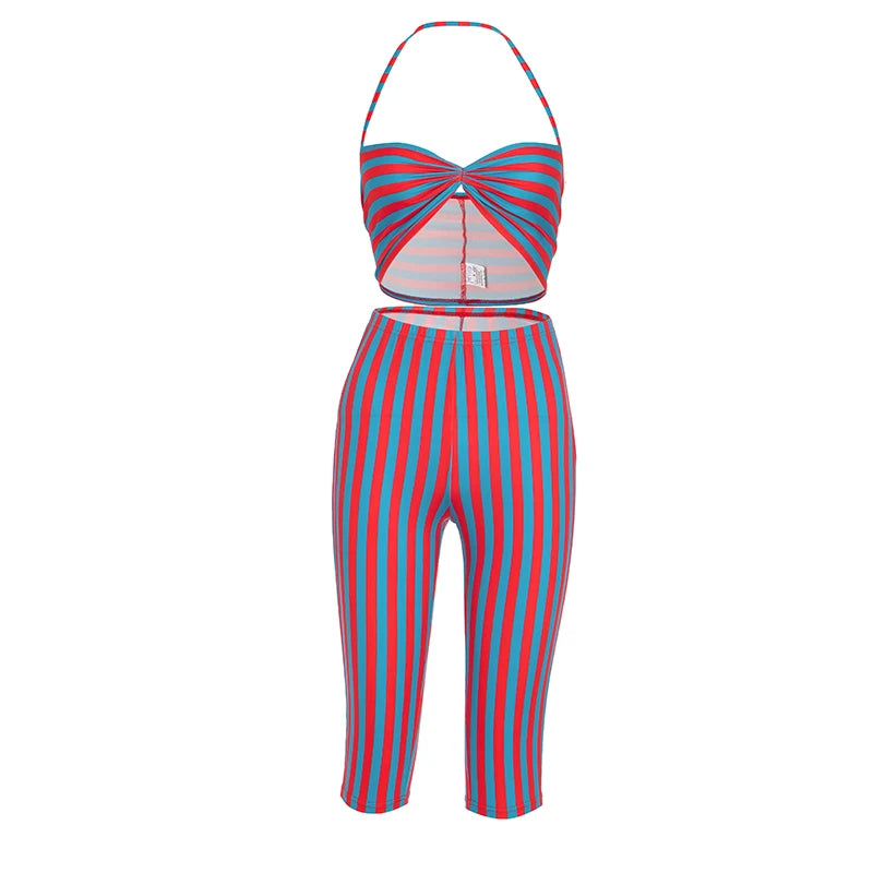 Weird Puss Sexy Stripe Patchwork 2-Piece Set Women Halter Chest Wrapped Camisole+Skinny Mid Pants Matching Hottie Beach Outfits