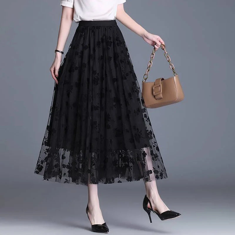 Flocking Floral Pirnted Long Mesh Skirt for Women, High Waist, Max Pleated Tutu, Tulle Skirt, Gauze Skirt, Female, 2025