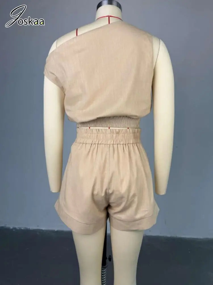 Joskaa Casual 2 Piece Sets Women Off Shoulder Sleeveless Shirt Tops and High Waist Wide Leg Shorts Matching 2025 Streetwear