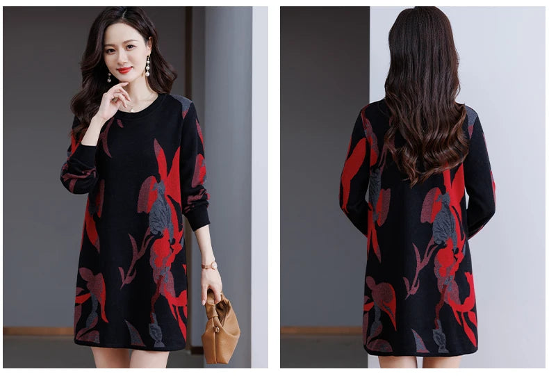 Print Sweater Dress Woman 2025 Autumn Winter Pullover Femme Women Clothing Long Sleeve Top Casual Long Knitwear Sweaters