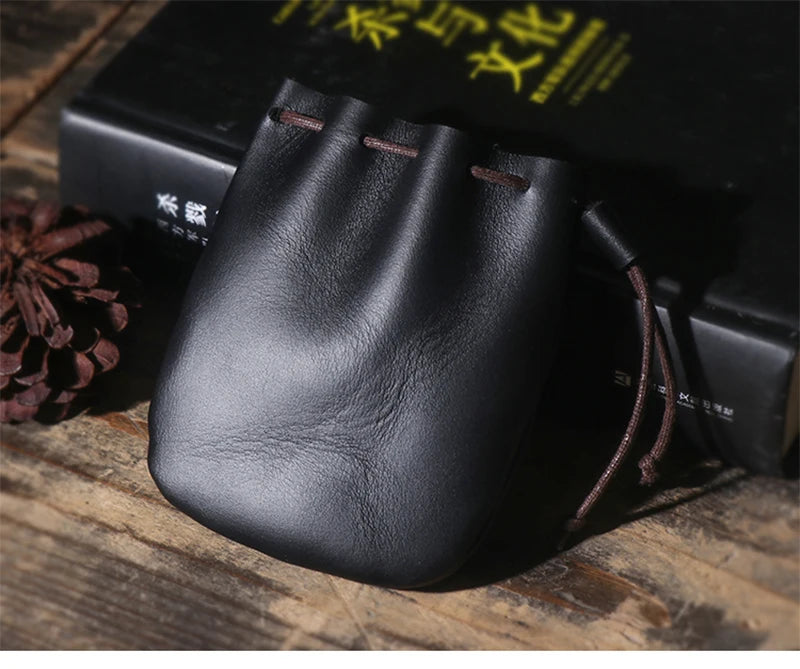 LUOKIR Men's Genuine Leather Coin Purse Simple Vintage Small Card Bag Women's Cowhide Wallet Keys Money Drawstring Storage Bags
