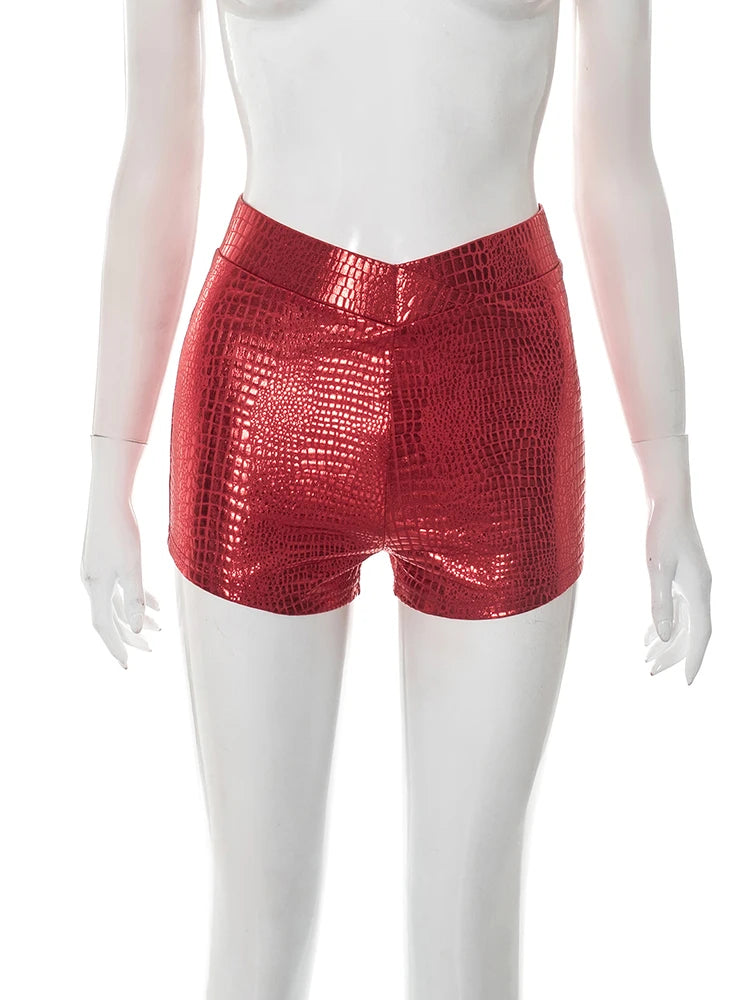 Weird Puss PU Serpentine Leather Shorts Women Elastica Waist Skinny Stretch Summer High Street Style Sexy Fashion Mini Bottoms