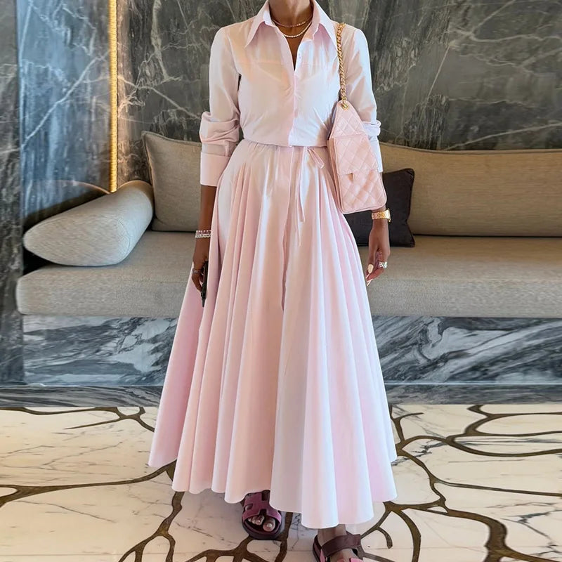 Solid Women's Casual Pleated Long Dress Fashion Lapel Full Sleeve Button Maxi Dress Lady 2025 Early Autumn Chic Street Robes