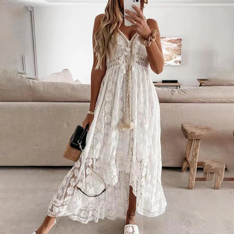 Summer Women Lace Strapless Flared Maxi Dress Solid White Long Dress Sleeveless V Neck Flowy Ruffle Bohemian Dresses