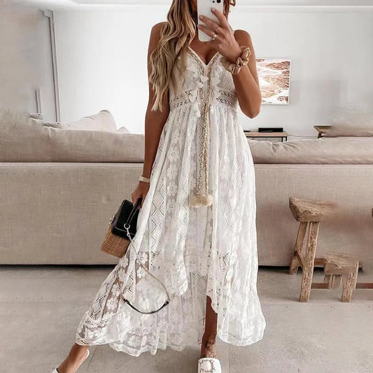Summer Women Lace Strapless Flared Maxi Dress Solid White Long Dress Sleeveless V Neck Flowy Ruffle Bohemian Dresses