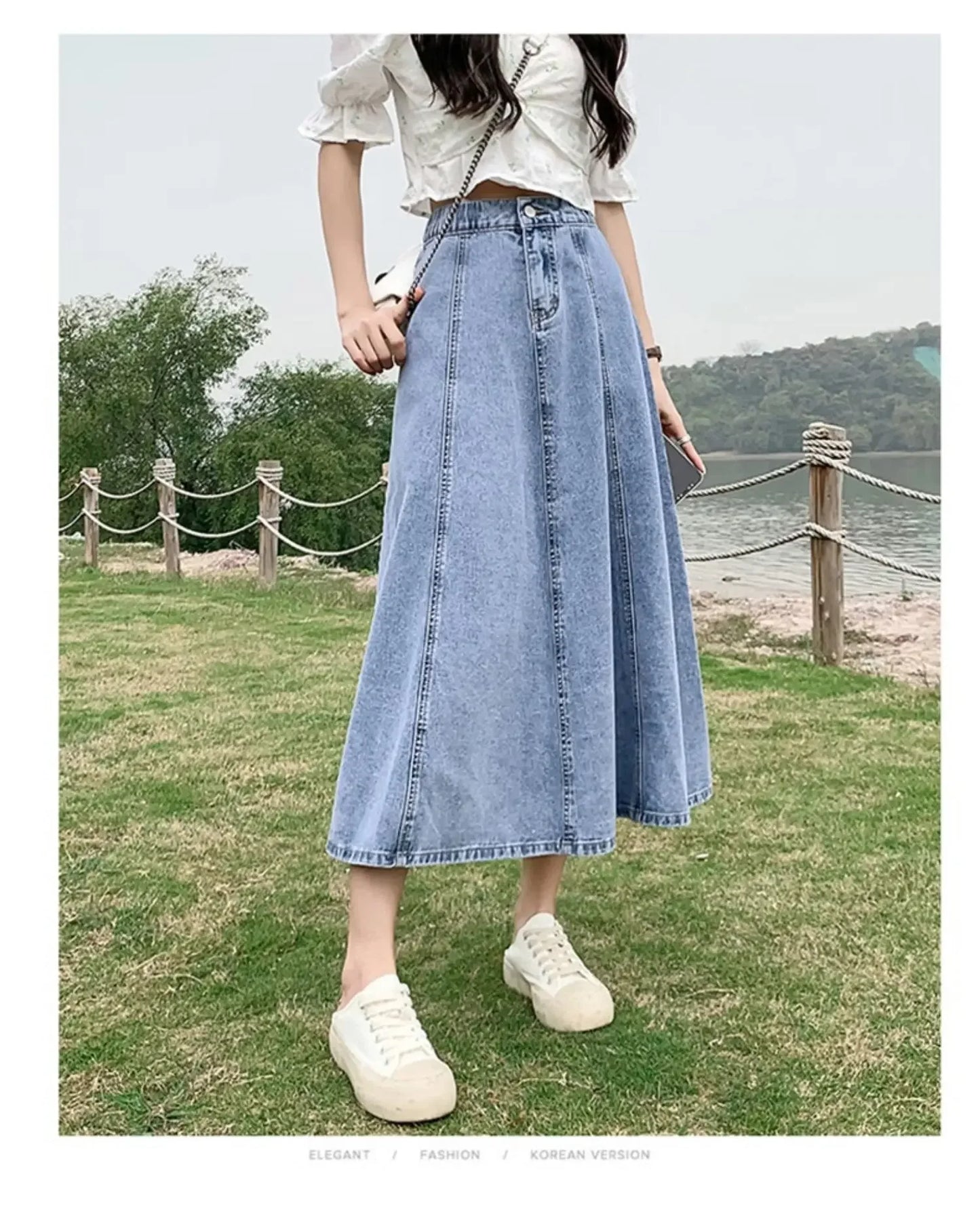 Fashionable Spring Medium-Length High-Waisted Jeans Long Dress Women's Elastic Waist A- Line Skirt Umbrella Skirt