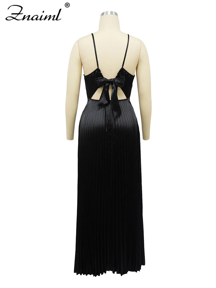 Znaiml Elegant Satin Pleated Vacation Burgundy Maxi Dress Women V-neck Straps Backless Bow Tie Long Vestidos Birthday Clubwear