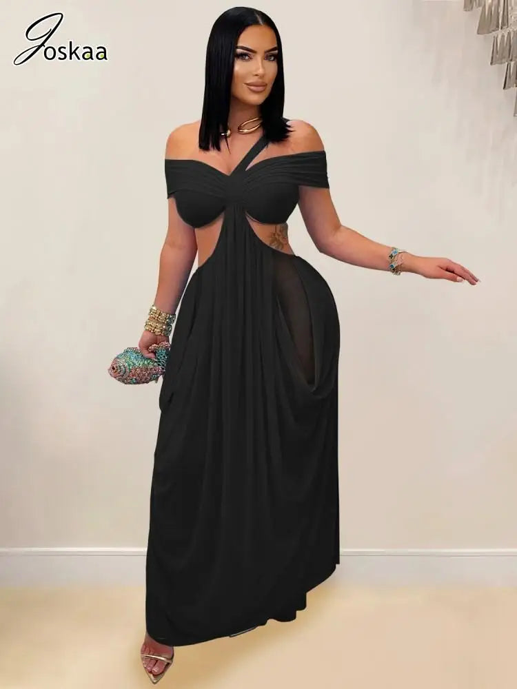Joskaa 2025 Women's Elegant One Shoulder Strapless Mesh Irregular Maxi Dress Sexy Hollow Backless Skinny Evening Gown Clubwear