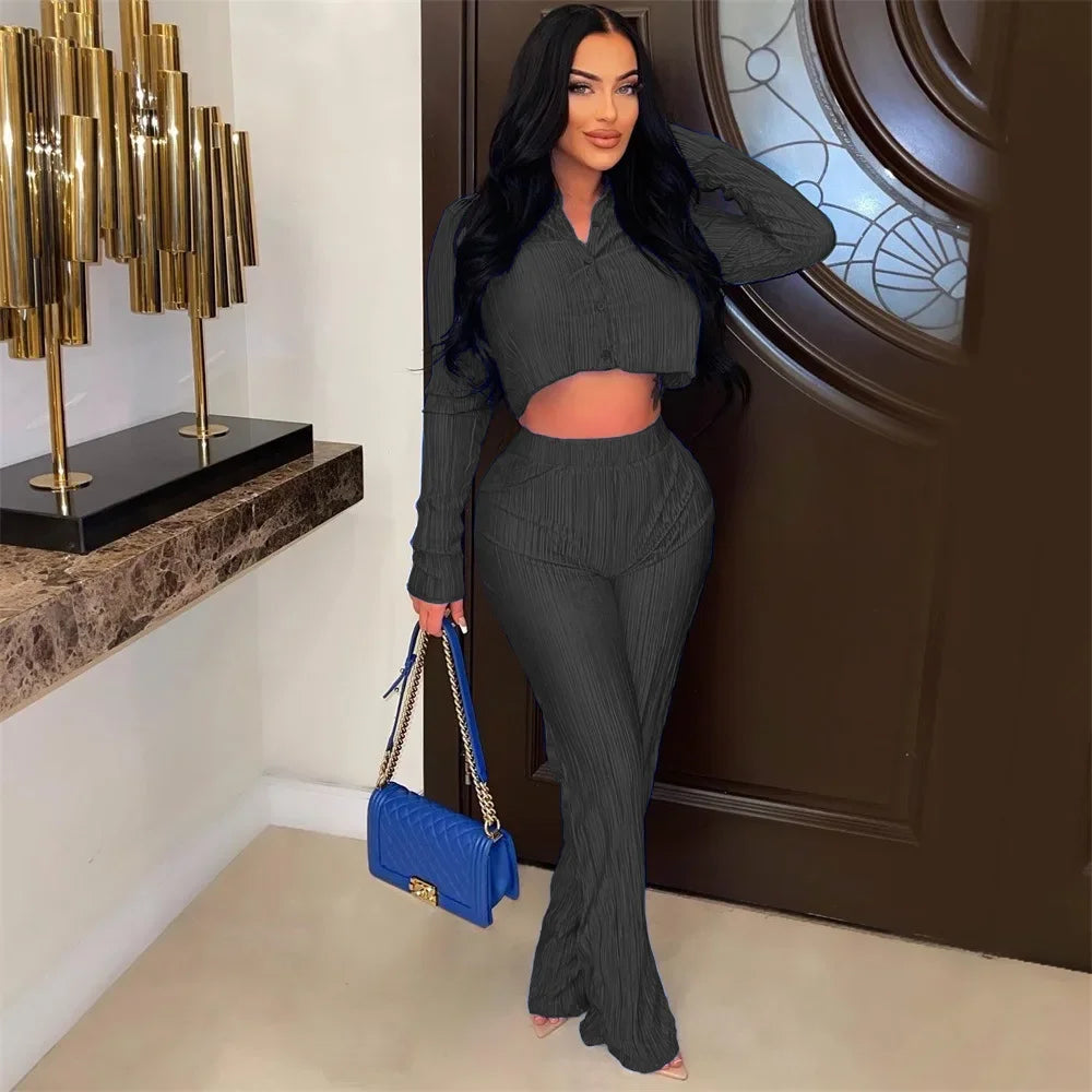 CM.YAYA Street Pleated Women's Set Long Sleeve Mini Blouse Shirt and Straight Pants Suit 2023 Two 2 Piece Set Outfits Tracksuit