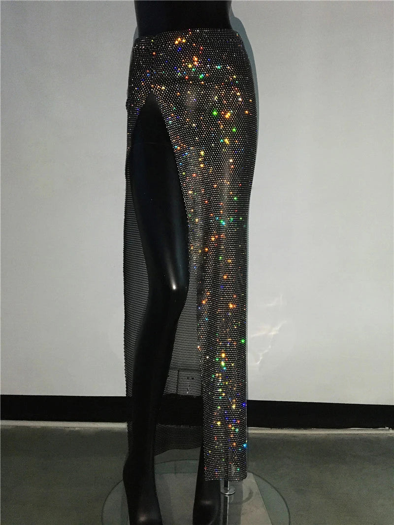 Glitter Rhinestone Long Fishnet Split Skirt for Women