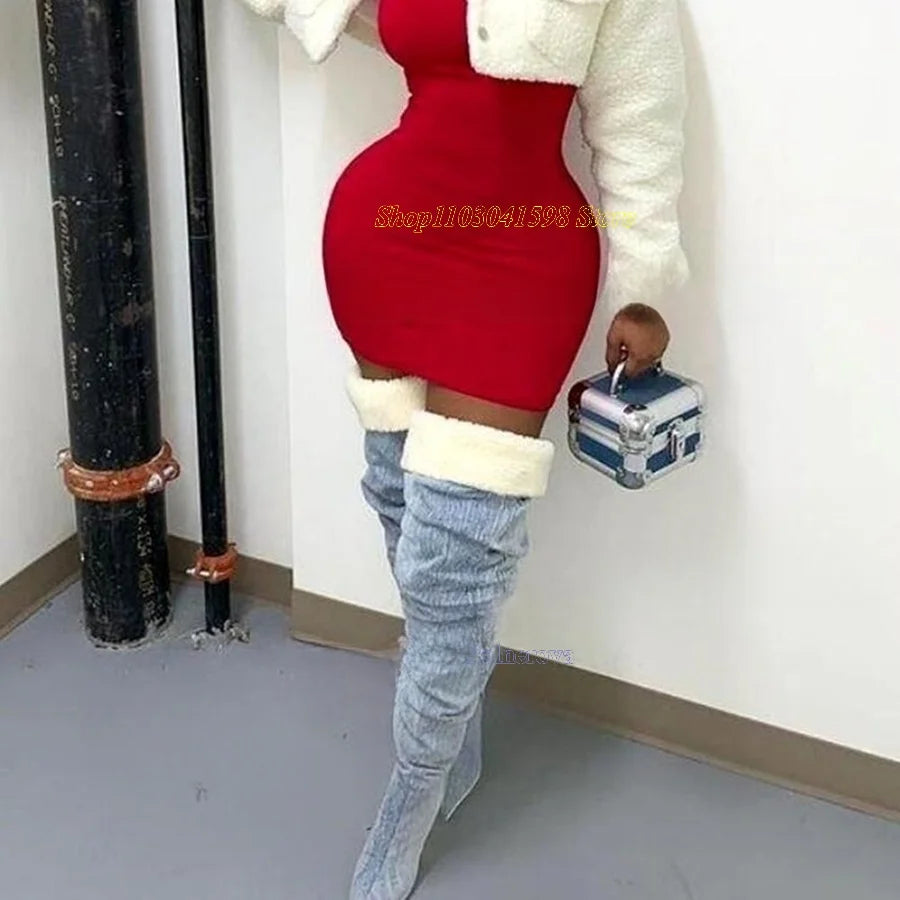 Winter Furry Thigh High Boots Sexy Pointed Toe High Heels Boots Women Shoes Vintage Warm Heel Boots 2023 New Zapatos Para Mujere