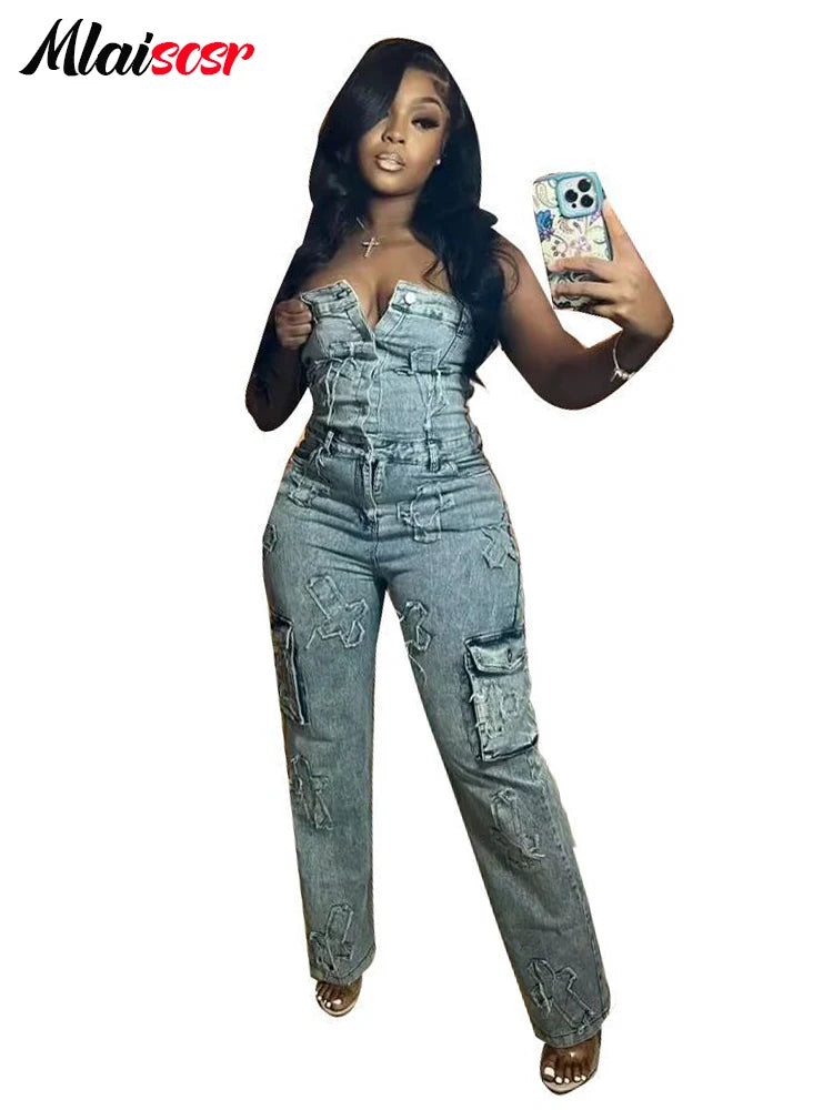 Mlaiscsr Cross Embroidery Pockets Stretch Denim Jumpsuits Women Sleeveless Off Shoulder Boyfriend Rompsers Blue Cargo Overalls