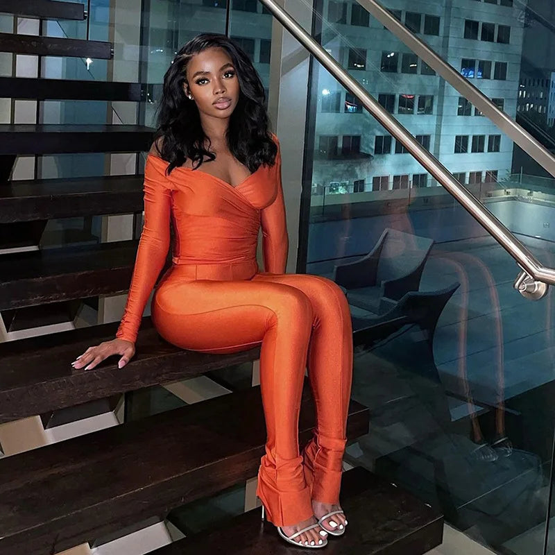 2025 Spring/Summer Women's Sexy Off Shoulder Big V-neck European and American Style High Waist Tight Pants Casual Sports Set