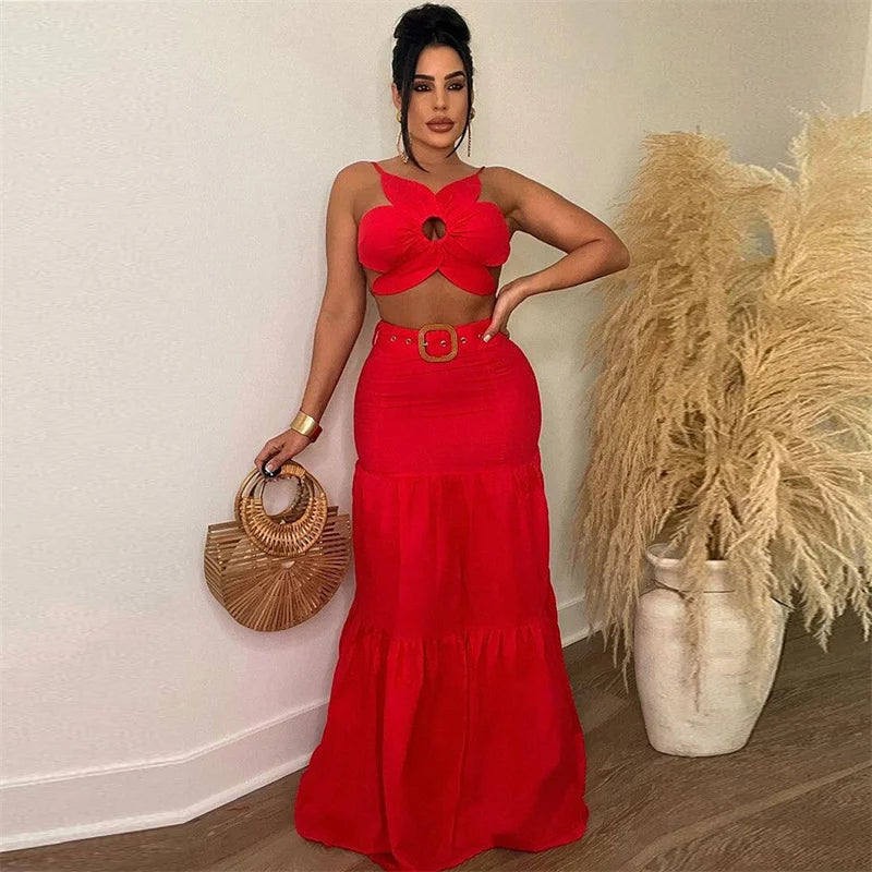 Sexy Party Club 2 Piece Sets Women Outfit Summer Dress Flower Crop Top and Long Skirt Set Elegant Vacation Festival Outfits
