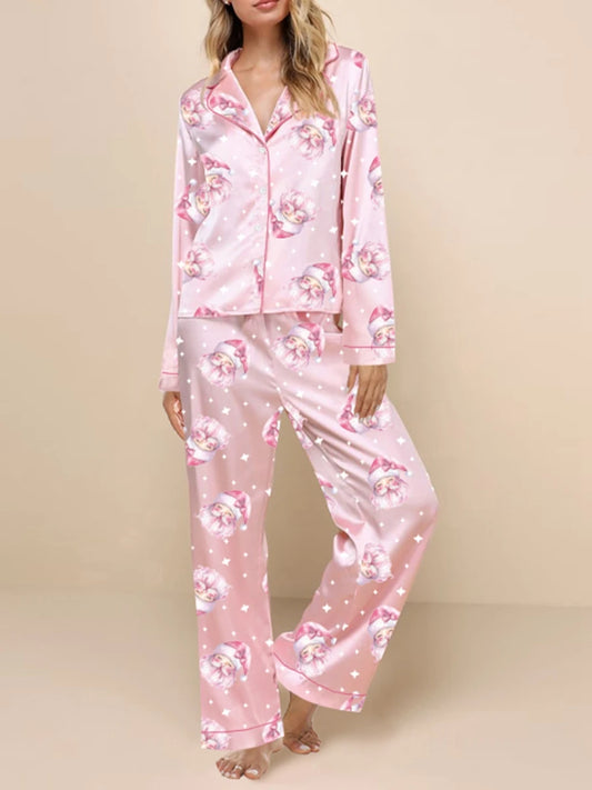 Women'S Autumn  Winter Clothing Christmas Elements Cute Bow Print Long Sleeved Shirt  Elastic Pants 2PCS Street Wear Home Wear