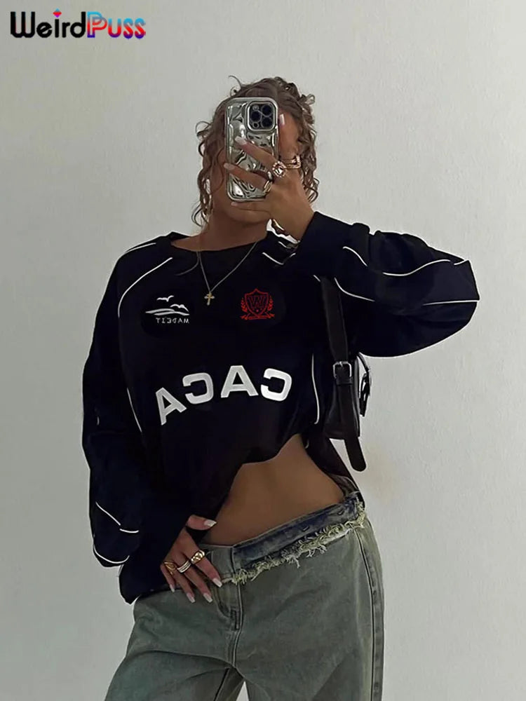 Weird Puss Casual Daily T-Shirts Women Letter Print O-Neck Full Sleeve o-Neck Simple Casual Sporty Wild Street Trend Loose Tees