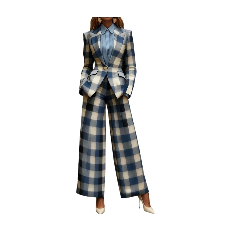 Plaid Print Lapel Single Button Blazer And High Waist Wide Leg Pants Two Piece Formal Business Matching Suit For Women Office Outfit Set